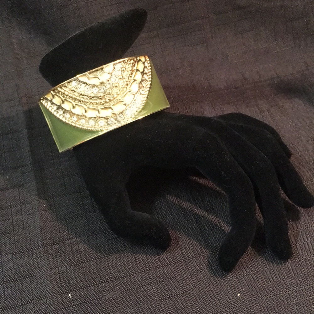 Sage green gold enamel bracelet crystal accents